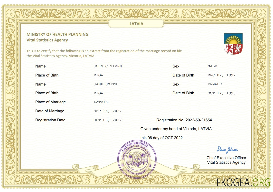 Modèle Word et PDF d'acte de mariage en Lettonie